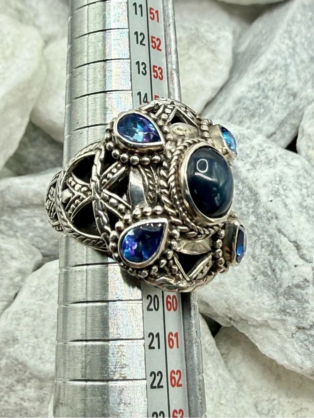 Vintage SARDA 925 Sterling Silver Sapphire Blue Topaz Statement Ring Size 8 EUC